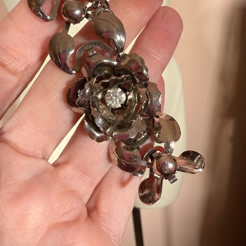 Silver Floral Rose Bracelet with Center Crystal - Picture 13 of 16